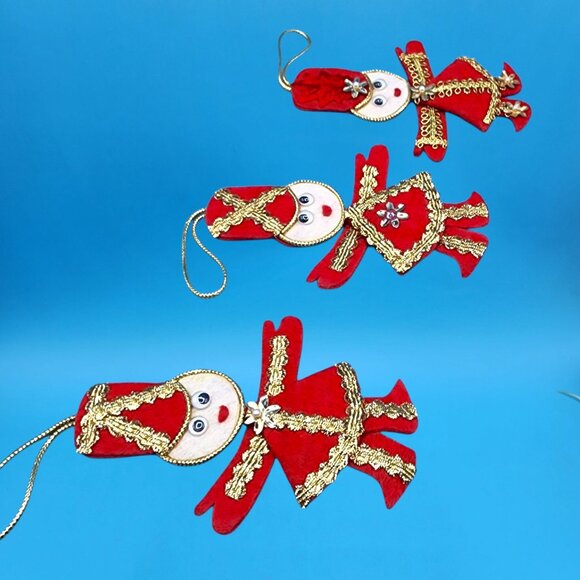 Vintage Red Felt Toy Soldier Ornaments w/ Googly Eyes & Gold Trim 1960s v1 - Picture 7 of 10
